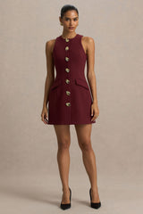 Belony | Dark Plum Crew-Neck Mini Dress With Button Detailing