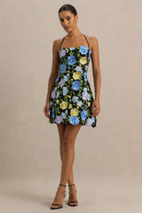 Aisha | Black Floral Embellished Square-Neck Mini Dress