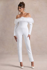 Ales | White Bardot Tailored Straight-Leg Jumpsuit With Feather Trim