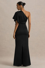 Unforgettable | Black Asymmetric-Neck Maxi Dress With Ruffled Detailing