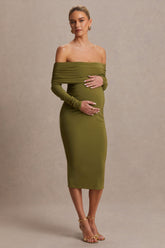 Elspeth | Olive Bardot-Neck Maternity Midi Dress