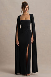 Claretta | Black Square Neck Twisted Maxi Dress With Cape Sleeves