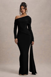 Valina | Black Ruched Asymmetric Maxi Dress With Drape
