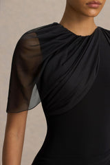 Brenda | Black Crew-Neck Maxi Dress With Mesh Cape And Sash