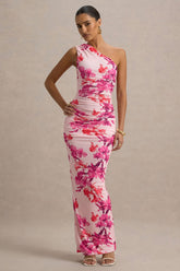Dalarie | Pink and Orange Floral Print One-Shoulder Gathered Maxi Dress