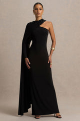 Dawn | Black High-Neck Maxi Dress With One Long Cape-Sleeve