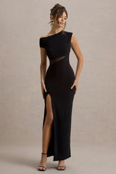 Emily | Black Asymmetric Split Maxi Dress With Mesh Detailing