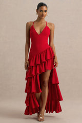 Bogota | Red Plunge-Neck Maxi Dress With Ruffling Details And Front High Split