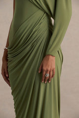 Aphra | Green High-Neck Maxi Dress With Cape-Sleeve