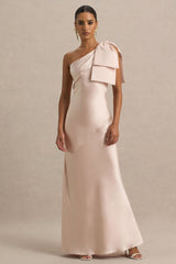 Valerie | Light Pink Satin Asymmetric-Neck Maxi Dress With Bow Detail