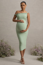 Salome | Light Green Twisted Asymmetric Maternity Midi Dress