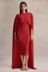Kalani | Red Crew-Neck Midi Dress With Cape-Sleeves