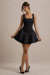 Bramble | Black Satin Square-Neck Puffball Mini Dress