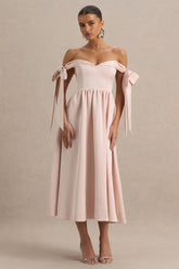 Agafay | Rose Pink Satin Short-Sleeve Bardot Wrap Midi Dress With Bow Detail
