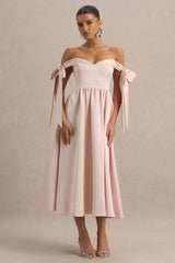 Agafay | Rose Pink Satin Short-Sleeve Bardot Wrap Midi Dress With Bow Detail