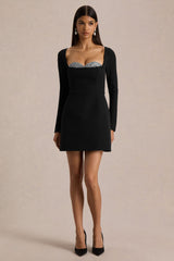 Martha | Black Embellished Sweetheart-Neck Mini Dress