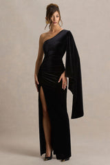 Camilla | Black Velvet Asymmetric-Neck Maxi Dress With Ruched Detailing