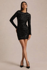 Mercedes | Black Sequin Boat-Neck Mini Dress With Draped Detail And Open Back