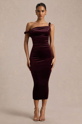 Carella | Burgundy Velvet Twisted Asymmetric Midi Dress