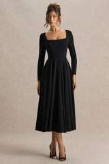 Alison | Black Square-Neck A-Line Midi Dress