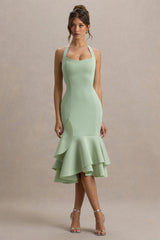 Arla | Light Green Halter Neck Ruffle Trim Midi Dress