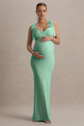 Sheen | Light Green Sweetheart Bow Strap Maternity Maxi Dress