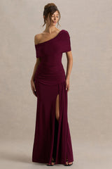 Dynasty | Burgundy Asymmetric-Neck Maxi Dress With Ruched Detailing And Front High-Split