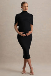 Augustina | Black Maternity Midi Dress With Cape