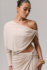 Dua | Stone Asymmetric One-Sleeve Draped Top