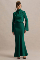 Celina | Bottle Green Satin High-Neck Maxi Dress