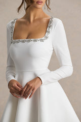 Astonish | White Long-Sleeve Embellished Square-Neck Mini Dress With Volume Skirt
