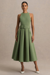 Elisia | Olive Crew-Neck Belted Midi Dress