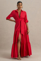 Sydney | Red Belted Maxi Shirt Dress