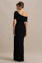Dynasty | Black Asymmetric-Neck Maxi Dress With Ruched Detailing And Front High-Split