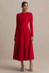 Bellamy | Red Crew-Neck Long-Sleeve Midi Dress