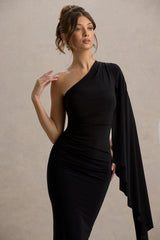 Clementina | Black Asymmetric Cape Sleeve Maxi Dress