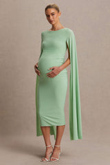 Providence | Light Green High-Neck Maternity Midi Dress With Cape Sleeves