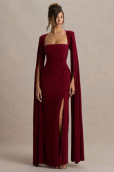 Claretta | Berry Square Neck Twisted Maxi Dress With Cape Sleeves