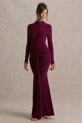 Pietra | Berry High-Neck Long Sleeve Knot Maxi Dress