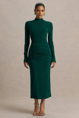 Cassandra | Bottle Green High-Neck Long-Sleeve Midi Dress