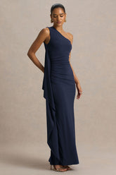 Adelina | Navy One-Shoulder Maxi Dress With Drape
