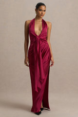 Lynette | Burgundy Satin Plunge-Neck Maxi Dress With Asymmetric Hem