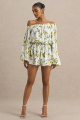 Waterfall | Lemon Floral Print Asymmetric Long-Sleeve Romper