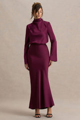 Celina | Burgundy Satin High-Neck Maxi Dress