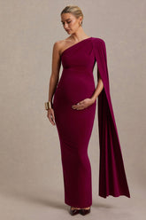 Amaryllis | Berry Maternity One Shoulder Maxi Dress with Cape Sleeve
