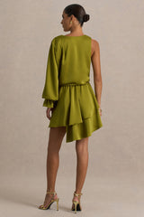 Cara | Olive Satin Plunge-Neck Micro-Mini Dress With Long Sleeve