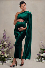 Amaryllis | Bottle Green Velvet Maternity One Shoulder Maxi Dress with Cape Sleeve