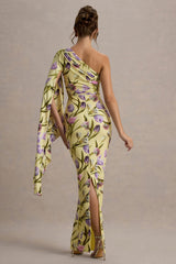 Clementina | Tulip Floral Print Asymmetric Cape Sleeve Maxi Dress