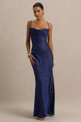 Marya | Blue Leopard Print Cowl-Neck Slip-Maxi Dress