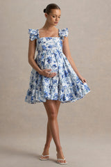 Dolly Daze | Blue Floral Print Ruffle Sleeve Babydoll Maternity Mini Dress